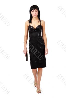 woman in black dress with handbag
