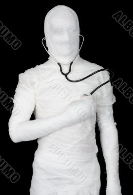 Man in costume mummy with stethoscope