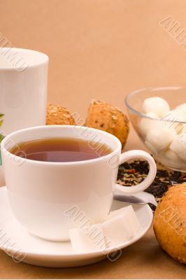cup of tea, mozzarella and bread