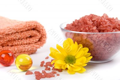 bath salt, towels and flower