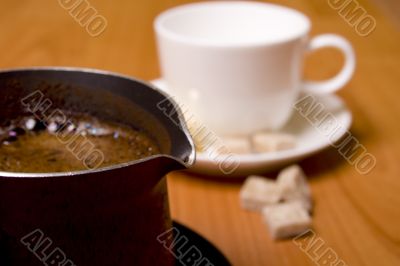 coffee-maker, cup and sugar