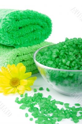 bath salt, towels and flower