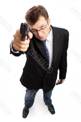 Angry criminal businessman on camera