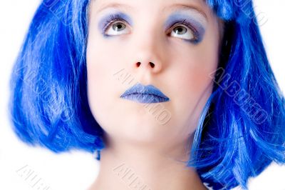 Blue girl looking up