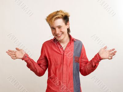 Smiled guy in red shirt dilute hands
