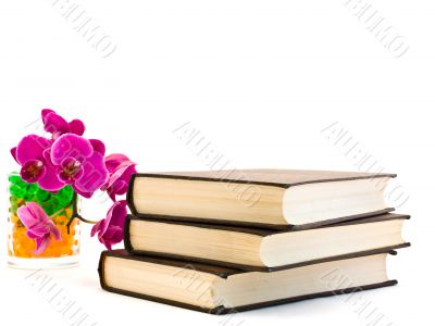 three books and  pink orchid