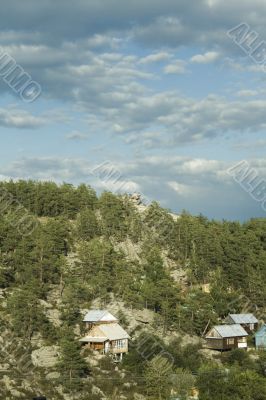 Landscape with cliff, pine and cloudy sky