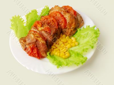 Meat fried in tomatoes decorated...