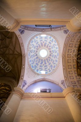 white and violet roof church