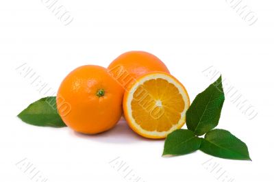 Some oranges with green leaves isolated objects