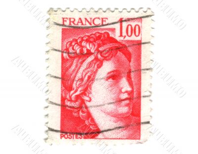 Old red french stamp with woman head
