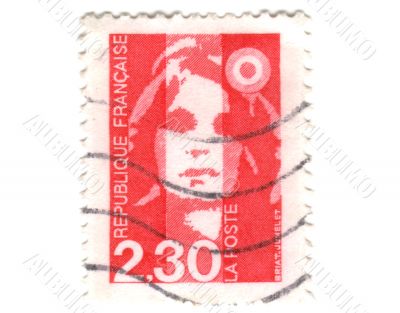 Old red french stamp with woman head