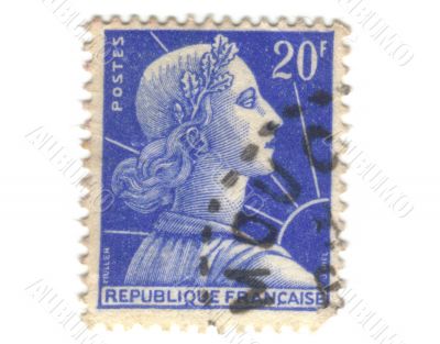 Old blue french stamp with woman head