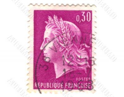 Old purple french stamp with woman head