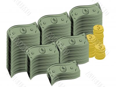Illustration of dollar bills and coins