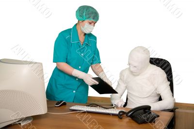 Bandaged businessman and nurse