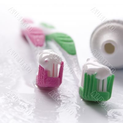 toothpaste and toothbrushes