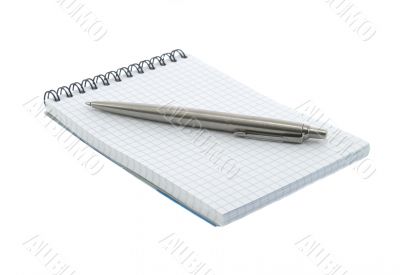 Noutbook and pen on it isolated over white
