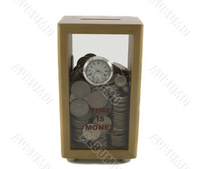 Coin box with clock filled with money isolated over white