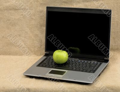 Laptop and green apple