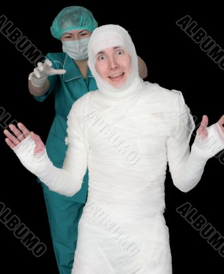 Man in bandage and nurse