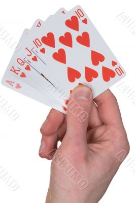 Playing card with heart on hand