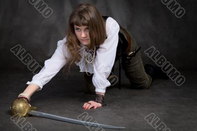 Girl on all fours with rapier