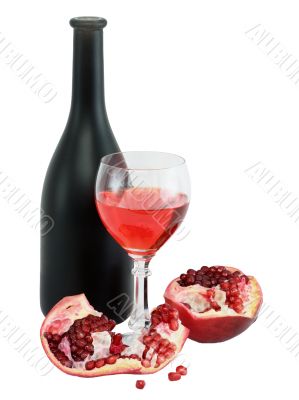 Glass of wine, bottle and a red pomegranate
