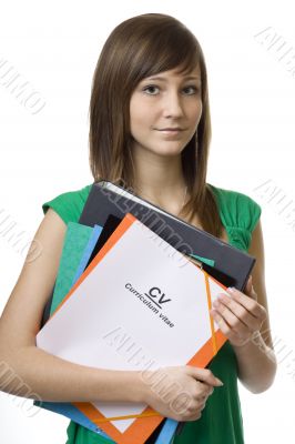 Female student with briefcase CV, curriculum vitae