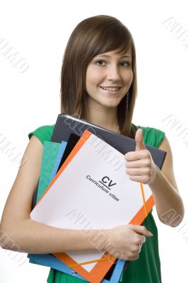 Female student with briefcase CV, curriculum vitae