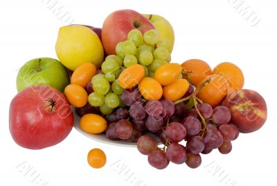 Kumquat, apple, grapes, peach, lemon, tangerine, pomegranate