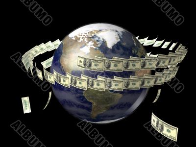 Earth with flying dollars around it