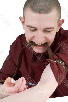 Young man to give an injection himself
