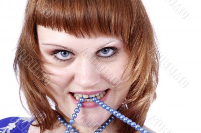 Woman with pearl beads isolated.