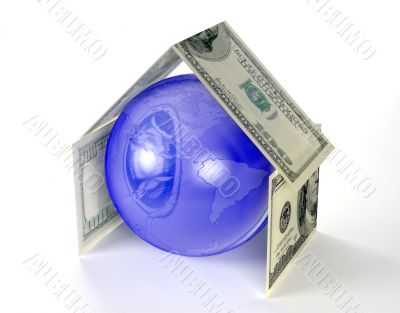 Globe of Earth inside house made by dollars