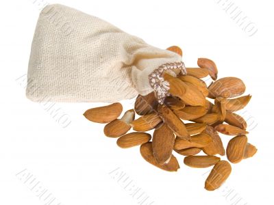 Bag with almond nuts isolated on white