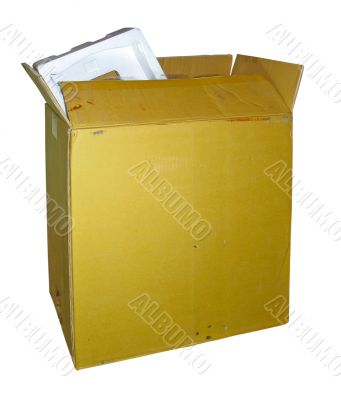 Old opened cardboard box isolated over white background
