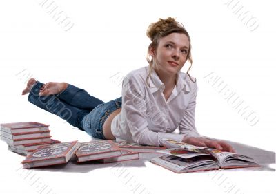 Girl among books, isolated on white background.