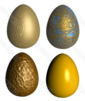 four golden patterned easter eggs isolated over white
