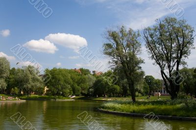 City park with pond