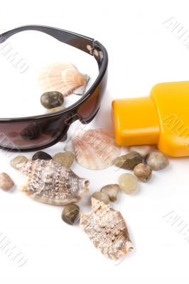 sunglasses, shells and lotion