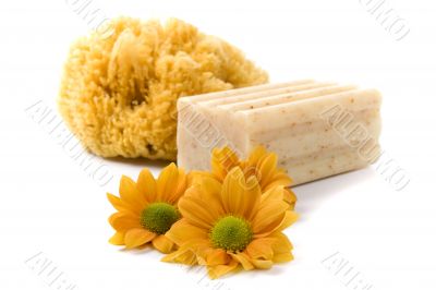 natural sponge, soap and flowers