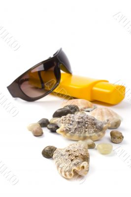 shells, sunglasses and lotion