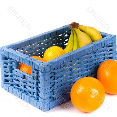 blue basket with fruits