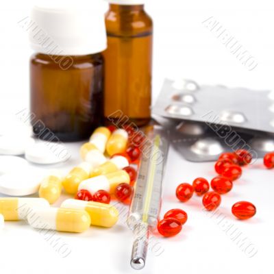 thermometer and different pills