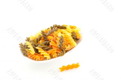 multicolored pasta on a white background