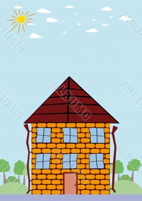 cartoon house and smiling sun