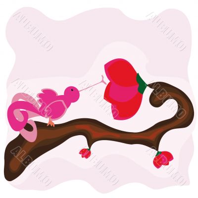 cartoon background with fairy bird drinking nectar