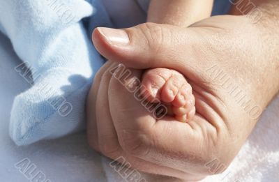 Toddlers foot in fathers hand