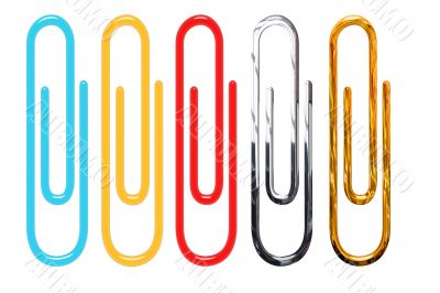 paper clips isolated over white - golden, metallic, red, yellow and blue